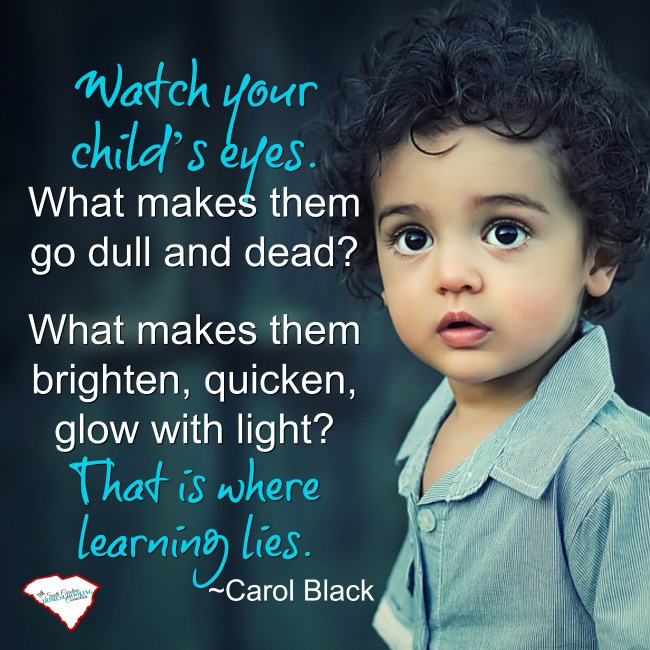 Watch your child's eyes. What makes them go dull and dead? What makes them brighten, quicken, glow with light? That is where learning lies. ~Carol Black