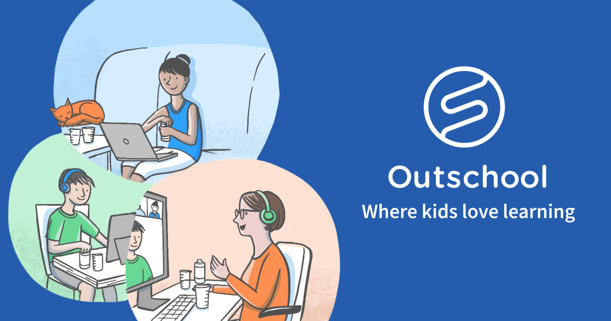 Outschool logo with cartoon kids on computers