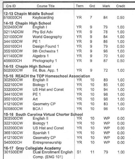 Example of public high school transcript