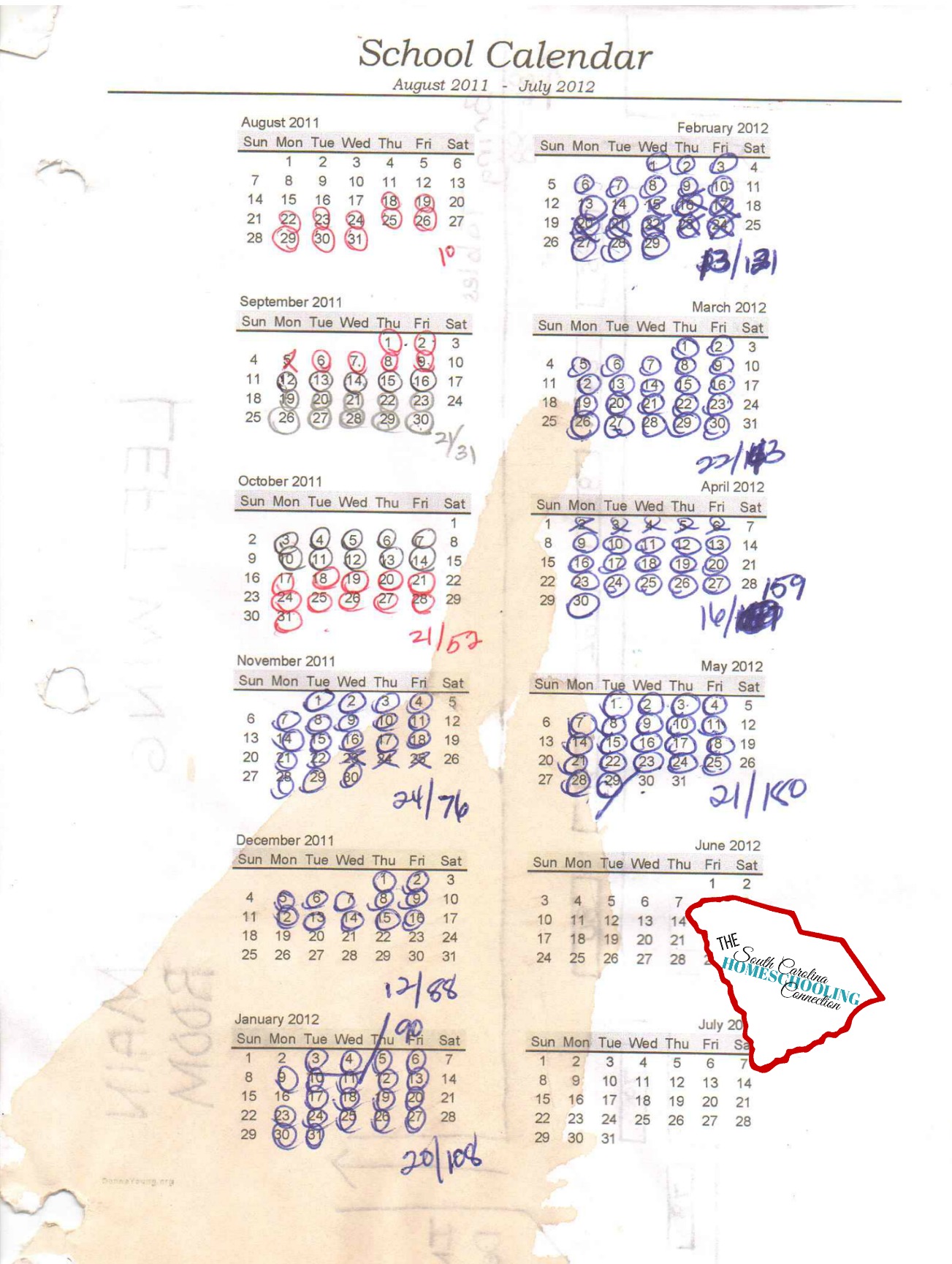 This calendar has the authenticity factor with the coffee stain and the different colored pens. My calendar examples run from August thru July. But, you can also find a printable calendar that runs from June-May, July-June, or September-August. You can start counting your days anytime you want.