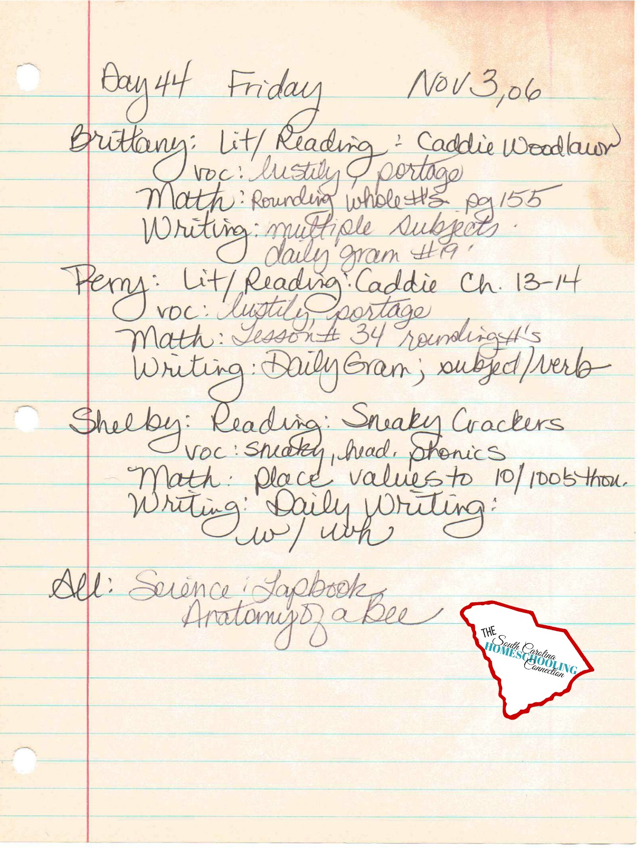 Here's another lesson plan example when I had all 3 kids homeschooling. I abandoned my previous computer spreadsheet because the handwritten format was more likely to get maintained. 