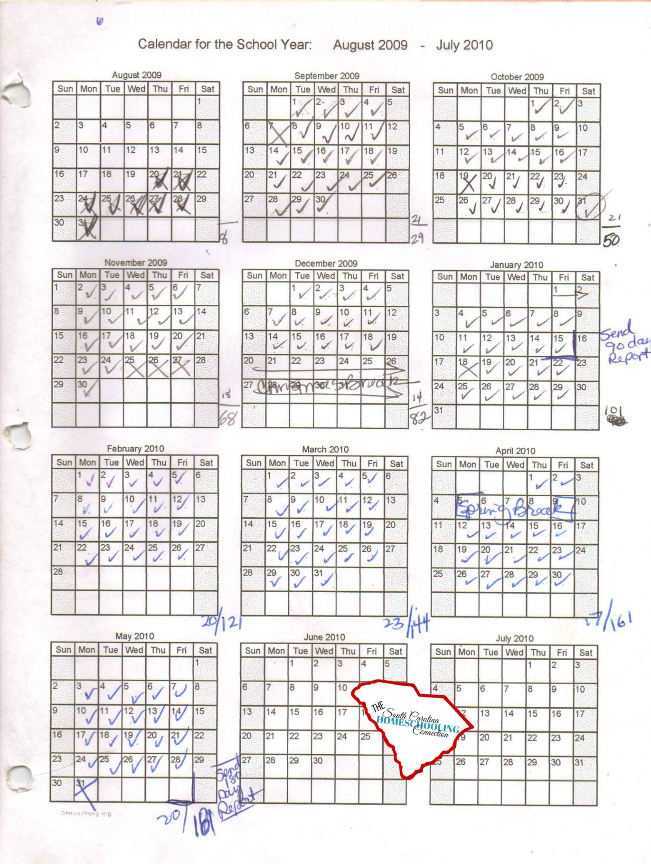 We have to document 180 days. So, I find it very helpful to keep a calendar of attendance. Here's the whole year at a glance. I had room in the margins to tally up my total at the end of each month. And a reminder to send in my 90-day and 180-day report forms to my association.