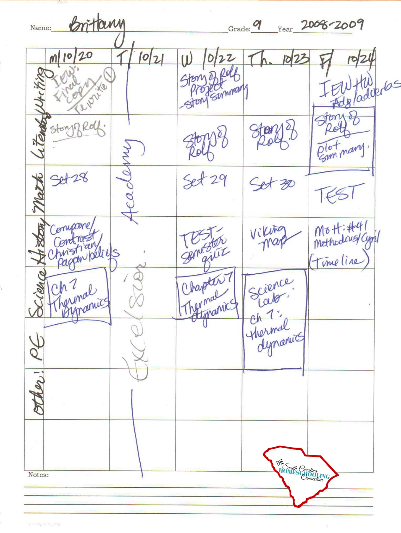 Within a few months, I realized that it was impractical to keep track of the 2 students on one page. So, I switched to one student per page. Keeping track of a week at a time was still useful.