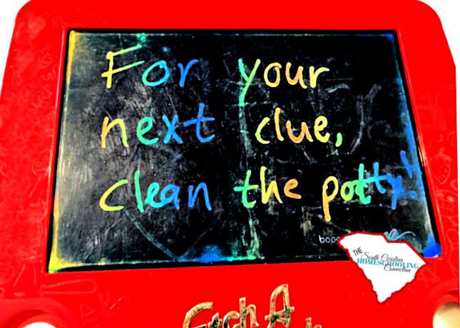 Treasure hunt clue that reads: “For your next clue, clean the potty.”