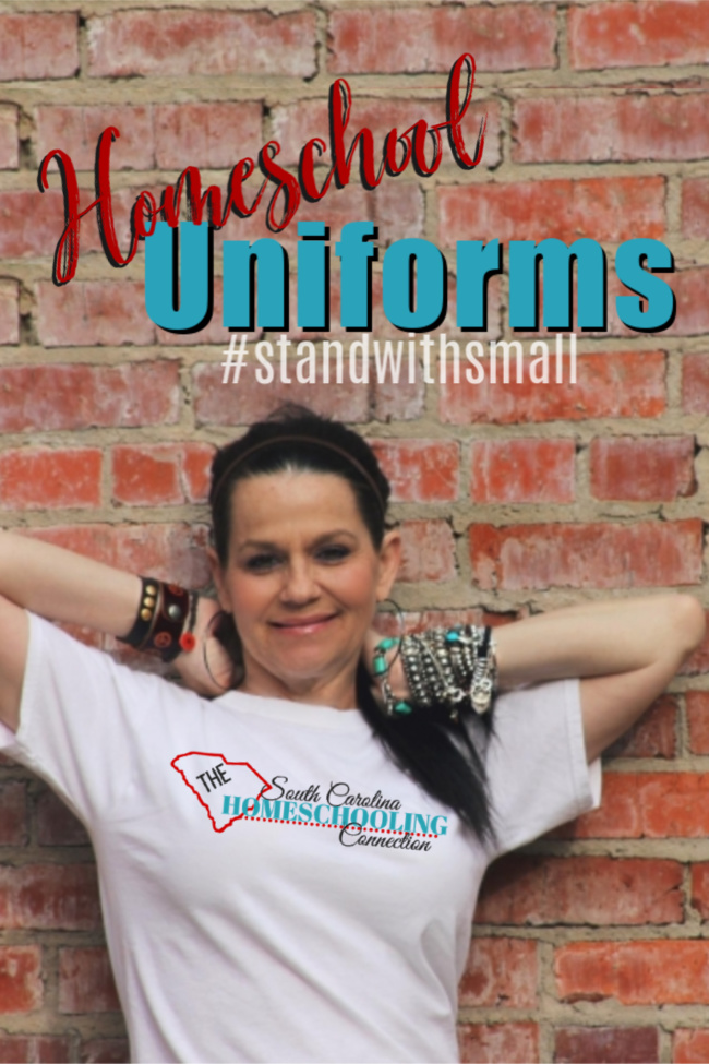 Woman wearing a T-shirt as homeschool fashion, standing in front of brick wall